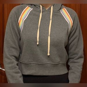 Brooklyn Cloth Womens Cropped Hoodie Size Small Gray w/Rainbow Trim Long Sleeves